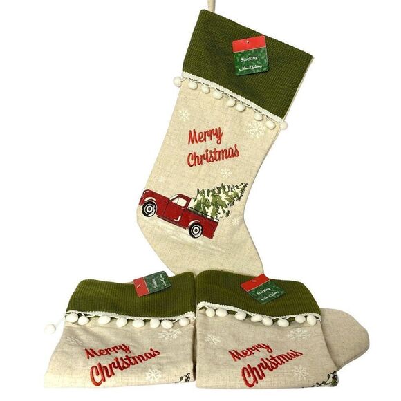 Xmas Holiday Stocking 3 Lot Embroidered Merry Christmas Red Pick-Up Truck NEW - Picture 4 of 4